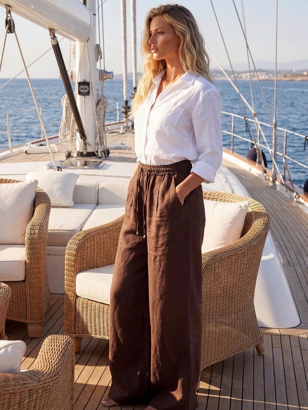 Women's Brown 100% Linen Casual Trousers from Italy